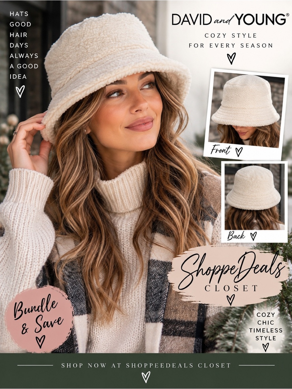 David & Young Ivory Sherpa Teddy Bucket Hat Cozy Fuzzy Winter Hat